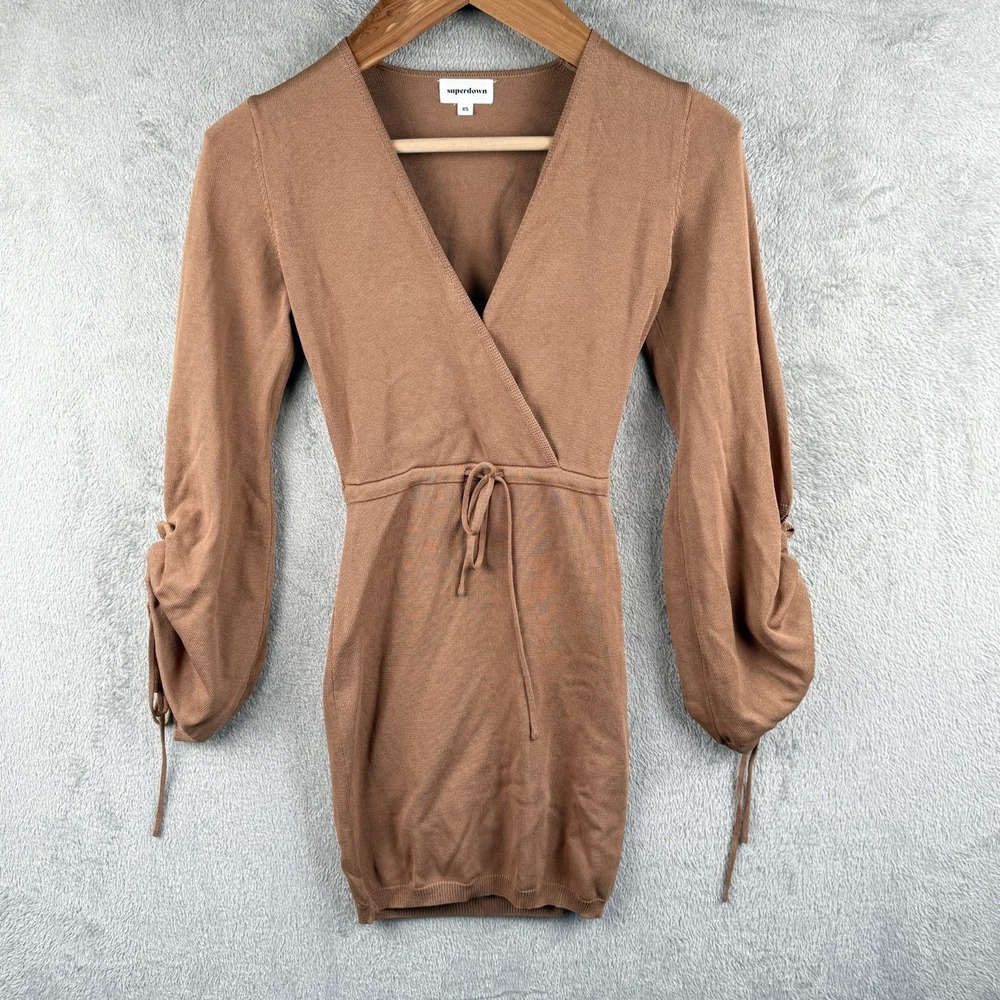 Superdown Revolve Rayla Mini Dress Womens XS‎ Mocha Ribbed Bell Sleeve Fitted
